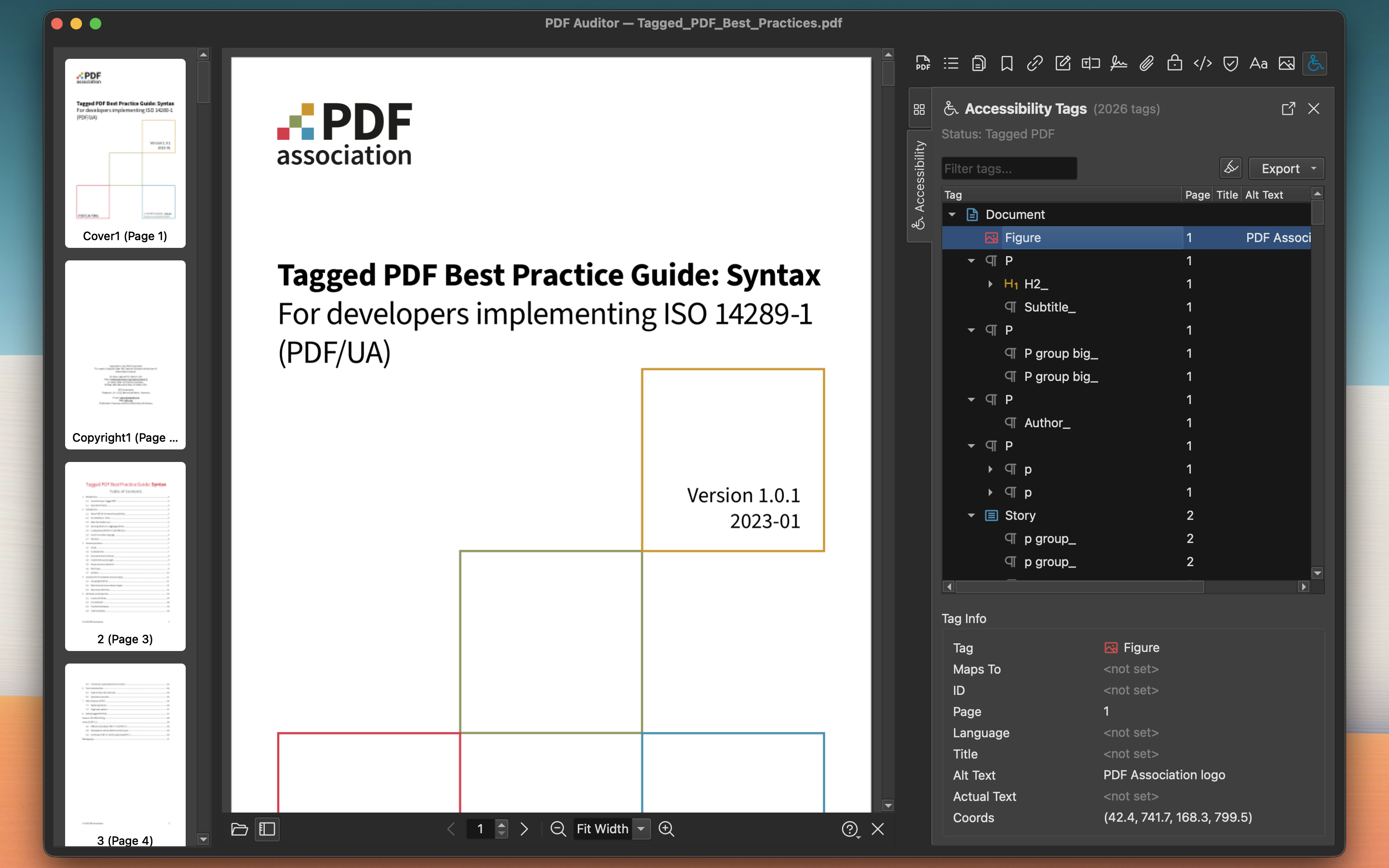 Accessibility tags viewer showing PDF structure tree with tag attributes