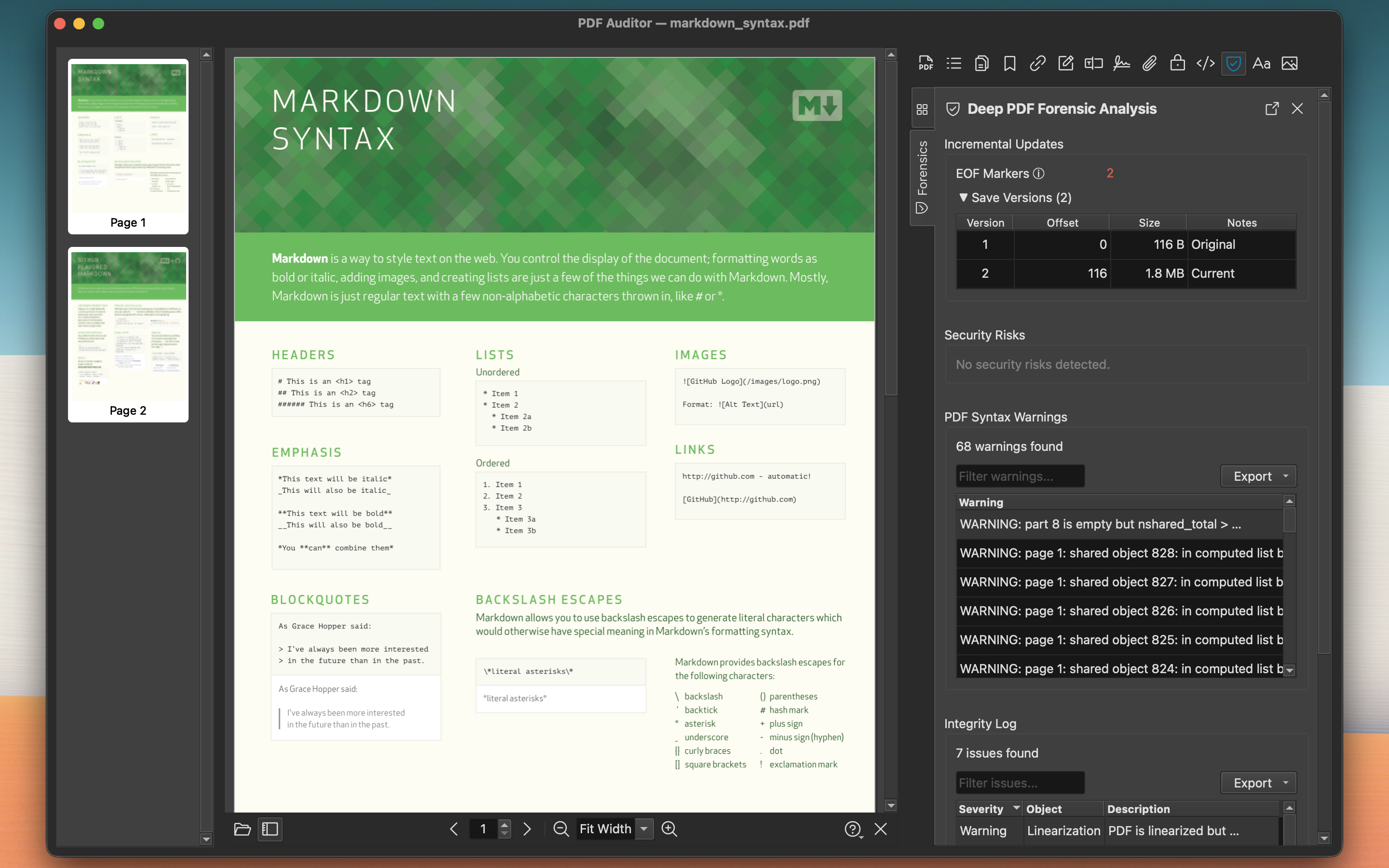 Forensic analysis detecting incremental updates and integrity issues