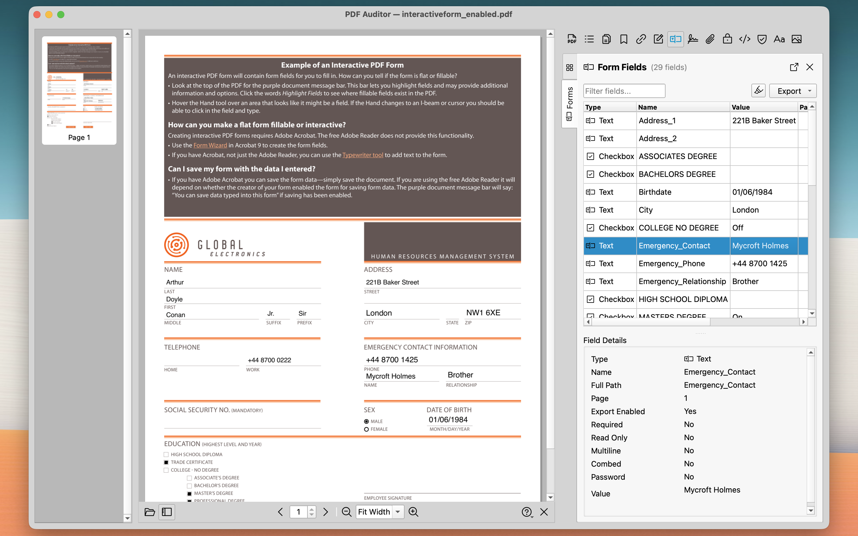 Interactive form fields inspector
