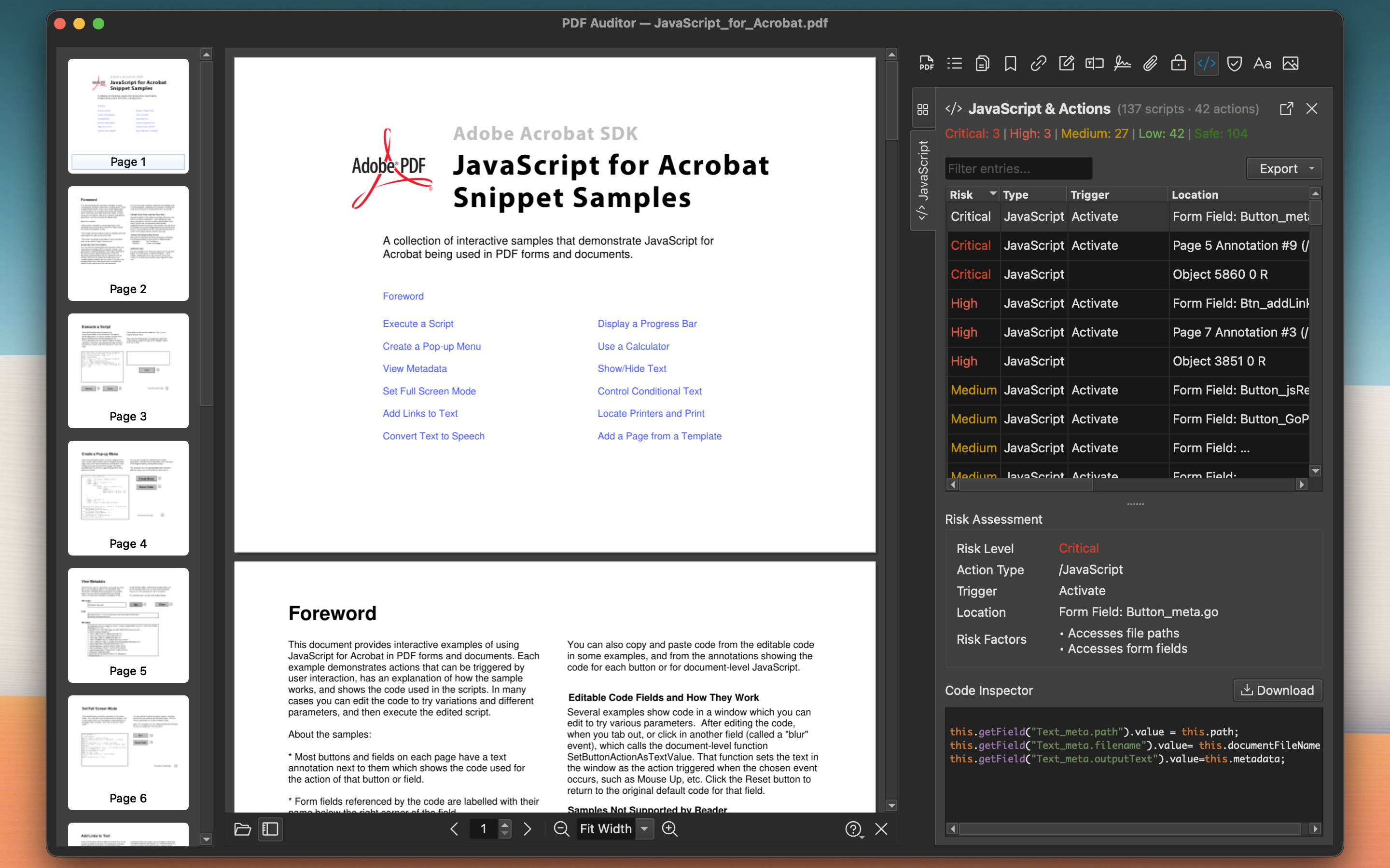 JavaScript inspector with syntax highlighting and risk assessment