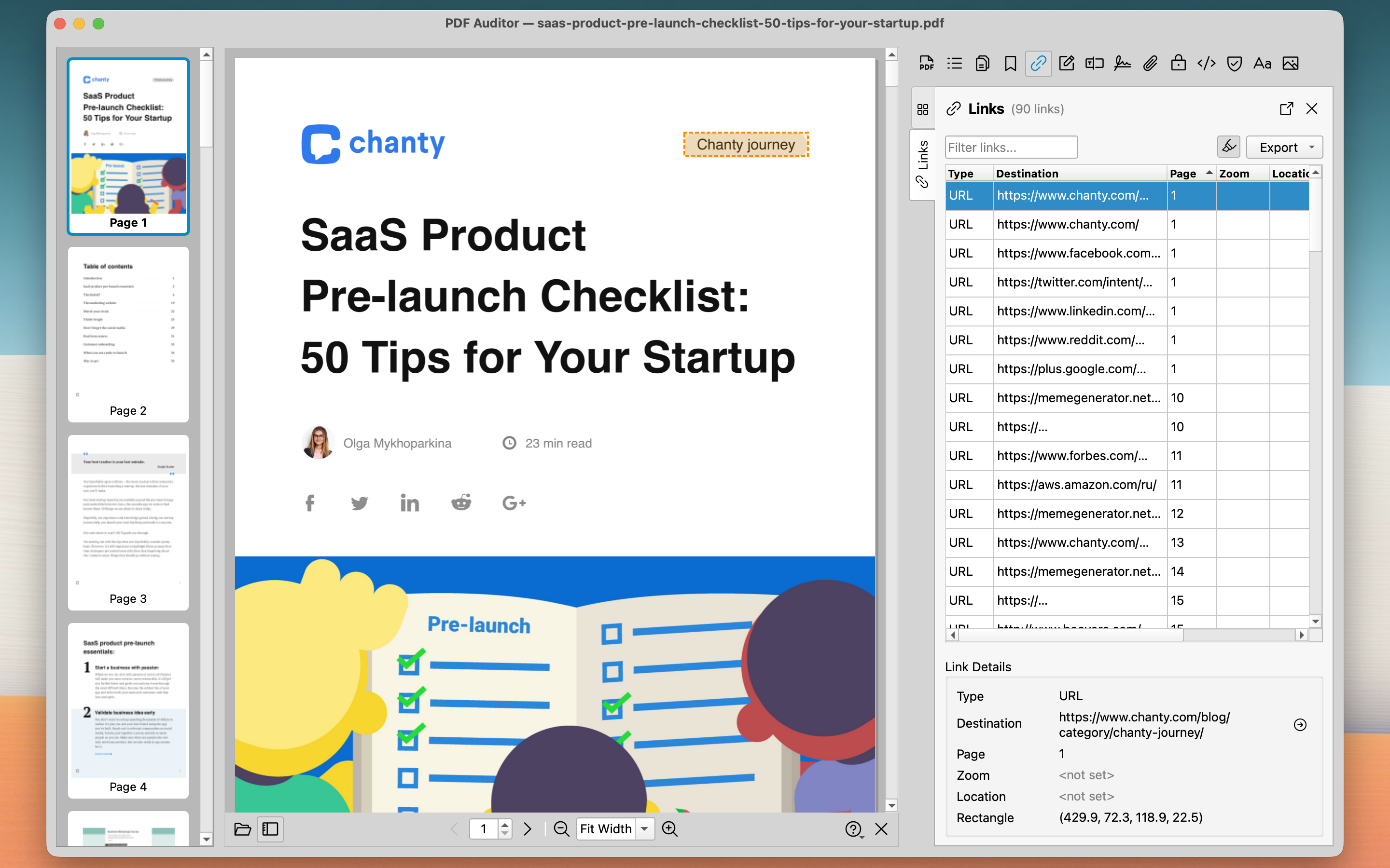 Links inspector showing all URLs in the PDF