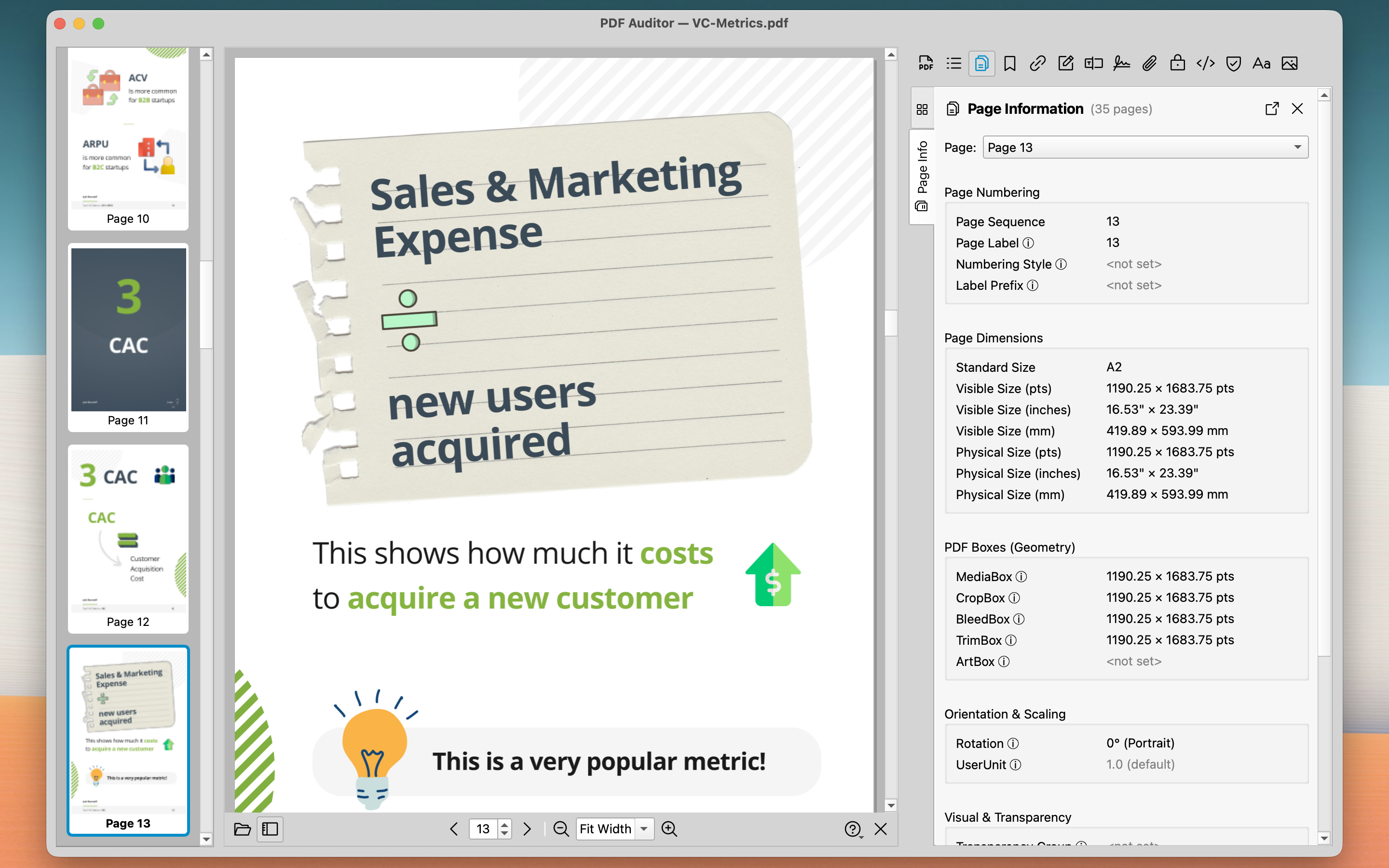 Page structure showing dimensions, geometry and color spaces