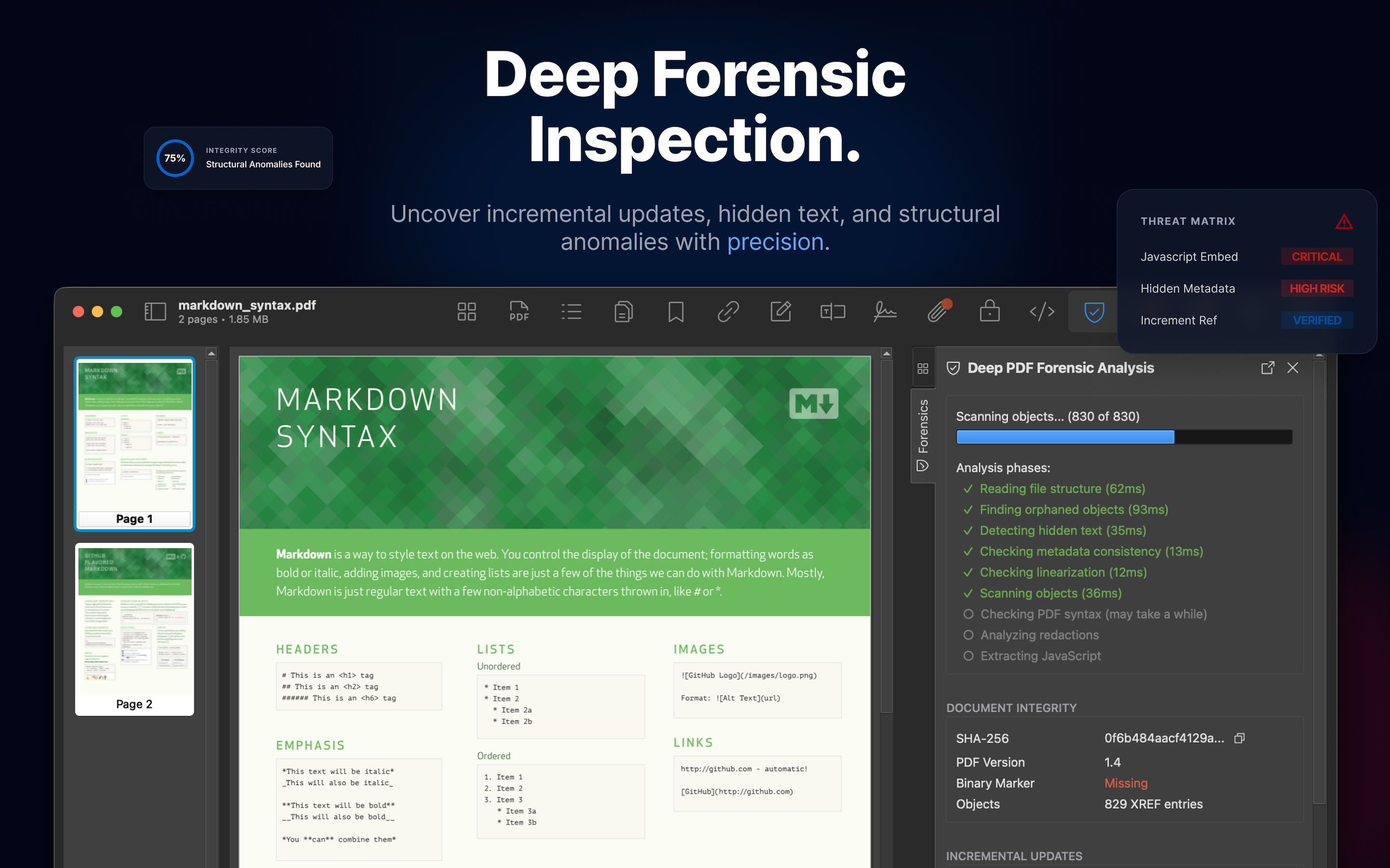 Forensic analysis detecting incremental updates and integrity issues