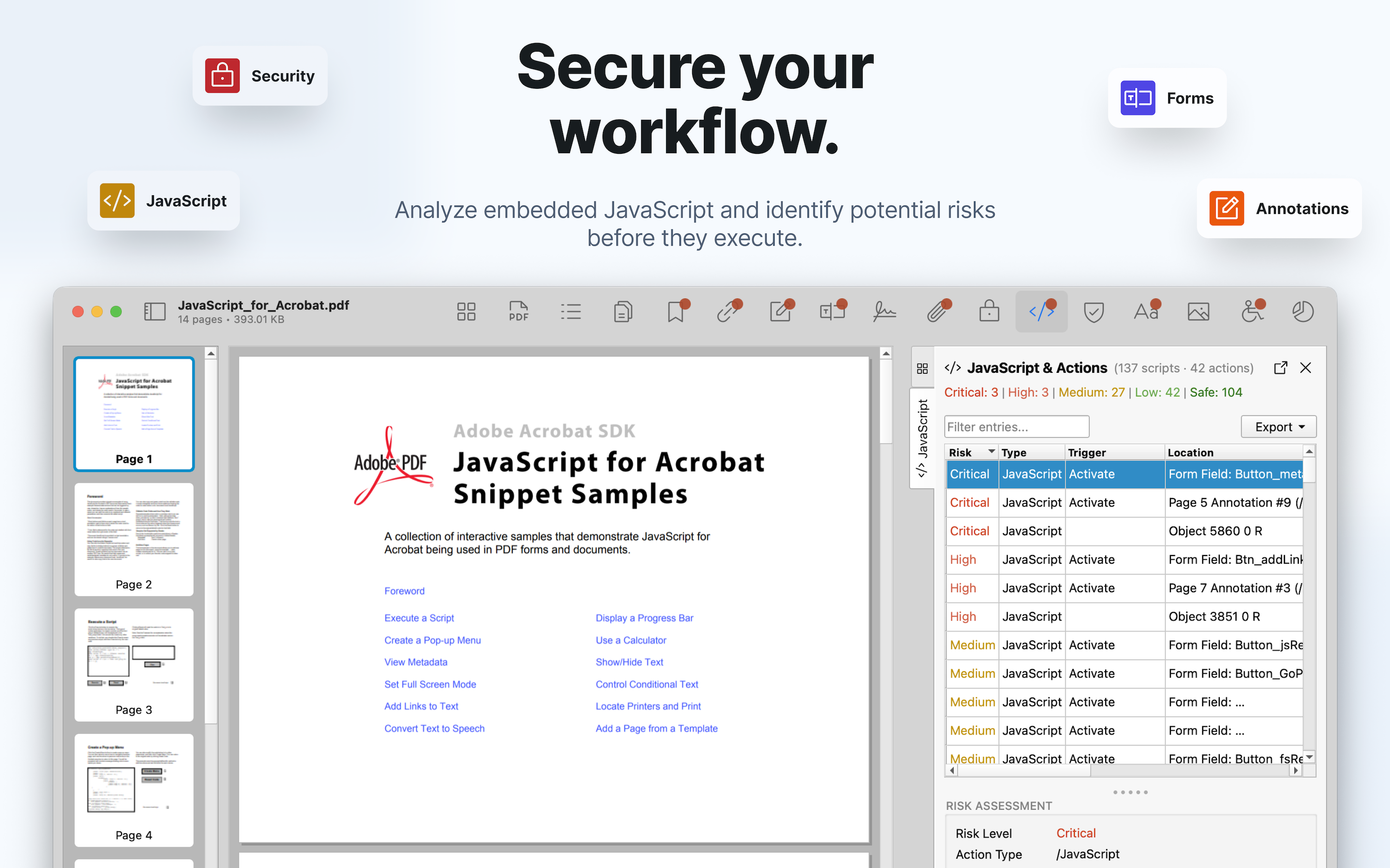 JavaScript inspector with syntax highlighting and risk assessment